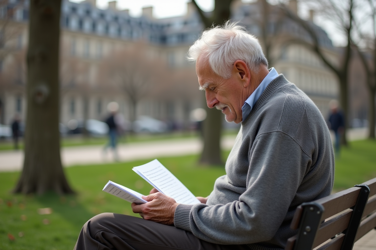 Homme agee lisant une lettre dans un parc parisien