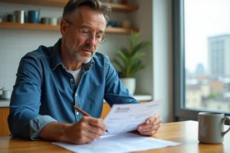 Homme d'âge moyen lisant un relevé bancaire dans la cuisine