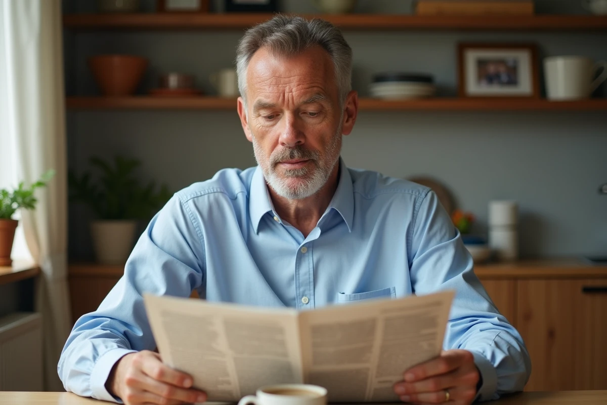 Homme concentré lisant un journal dans sa cuisine chaleureuse