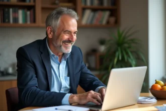 Homme d'âge moyen souriant devant son ordinateur en cuisine