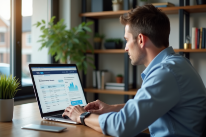 Homme d'âge moyen travaillant sur un ordinateur avec documents fiscaux