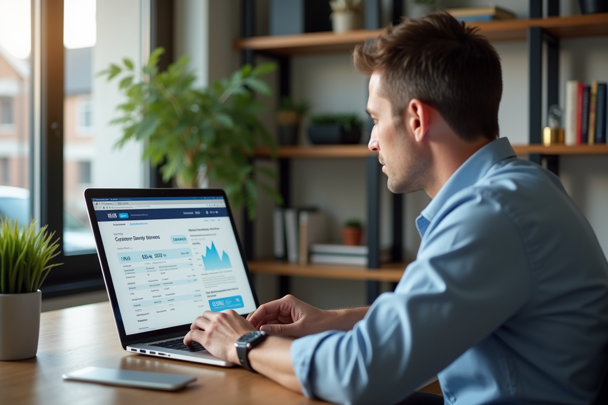 Homme d'âge moyen travaillant sur un ordinateur avec documents fiscaux