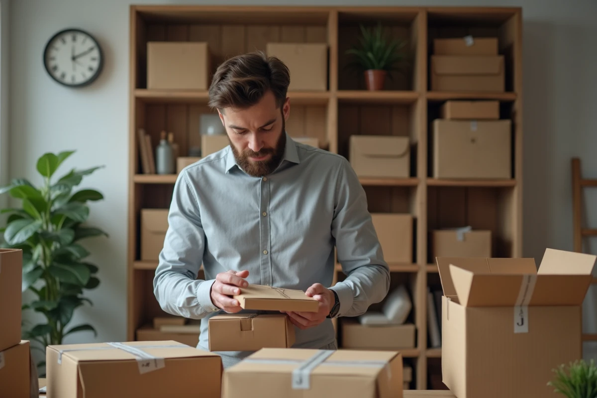 Homme organisant des colis dans un espace de vente en ligne