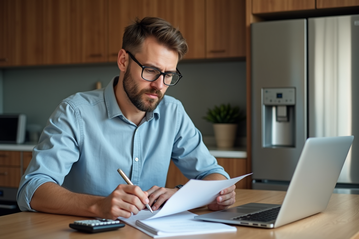 Homme d age approchant la quarantaine remplissant des papiers à la maison