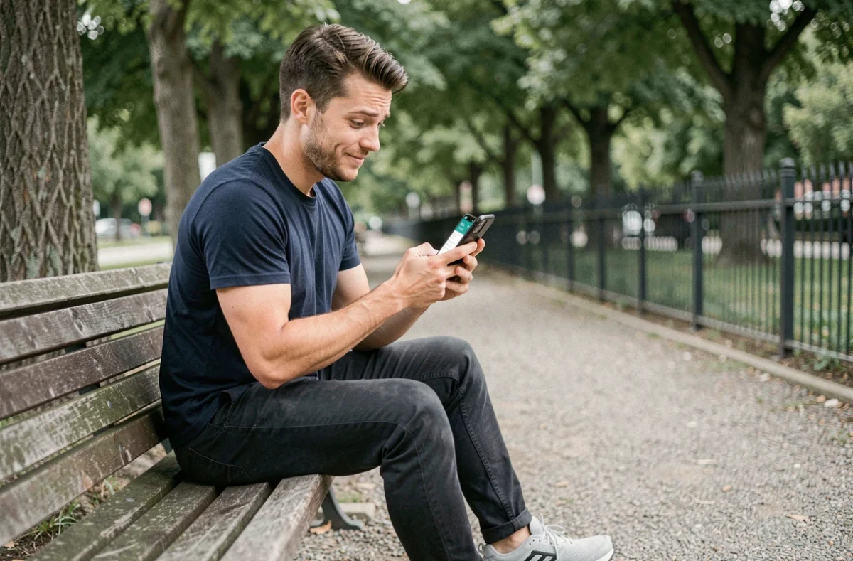 Homme assis dans un parc utilisant une application gratuite pour gagner de l'argent en marchant