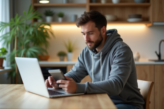 Homme avec hoodie utilisant un portefeuille hardware dans une cuisine moderne