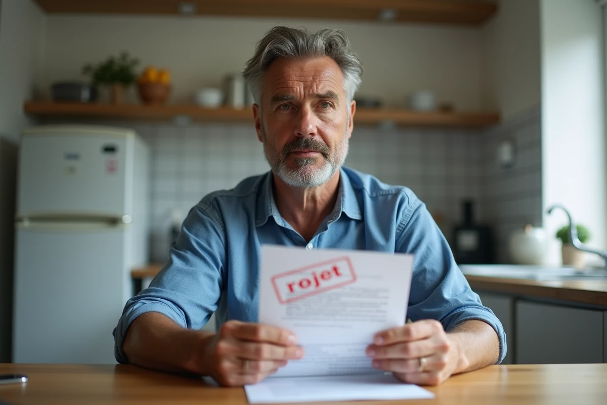 Homme préoccupé lisant une lettre de rejet dans sa cuisine