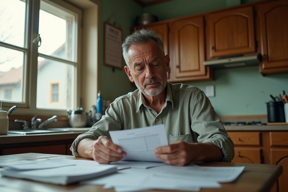 Homme d'âge moyen examinant des factures dans sa cuisine