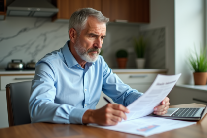 Homme d'âge moyen lisant des documents de retraite dans la cuisine