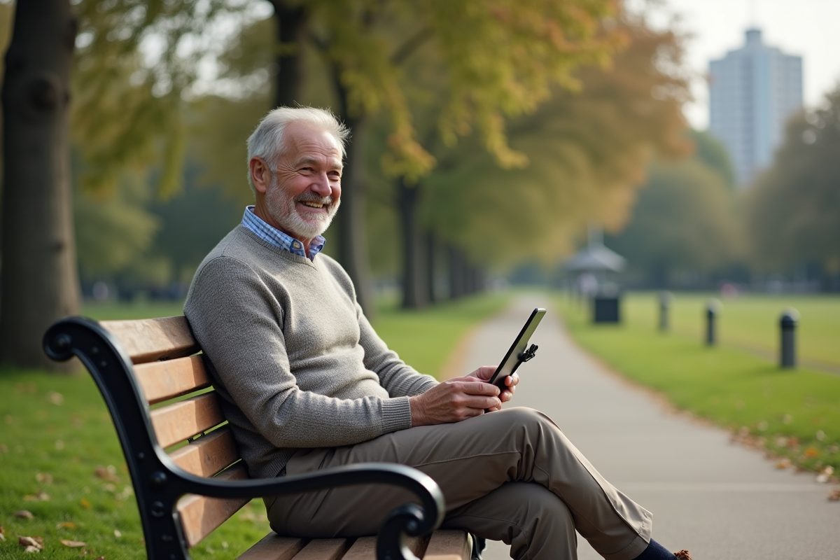 Homme retraité souriant assis sur un banc dans un parc