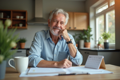 Homme senior souriant dans sa cuisine avec documents retraite