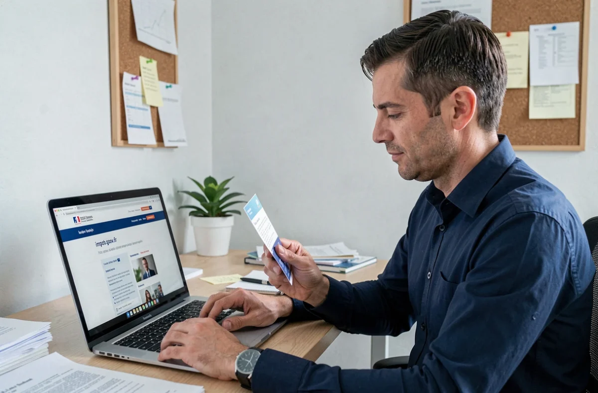 Homme consultant le site impots.gouv.fr sur un ordinateur portable tout en tenant un chèque CESU préfinancé, pour remplir la case 7DB de sa déclaration