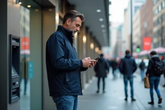 Homme en ville utilisant son smartphone devant un distributeur