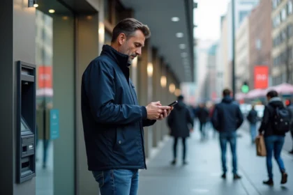 Homme en ville utilisant son smartphone devant un distributeur