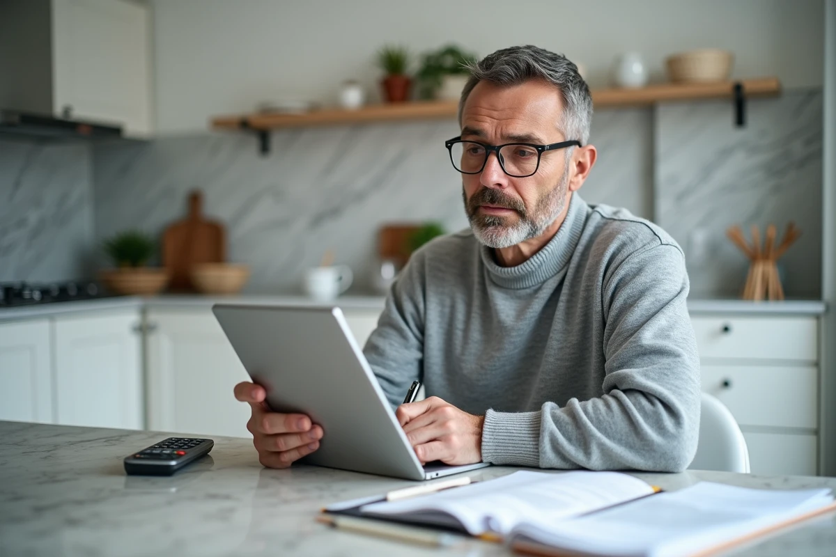 Homme utilisant une tablette et un carnet pour comprendre le calcul du taux d'imposition sur le revenu