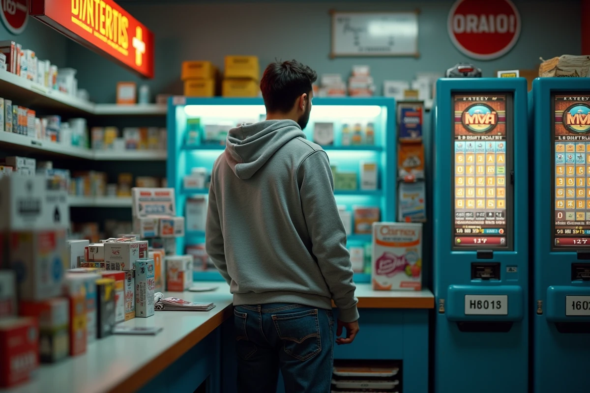 Homme hésitant devant un terminal de loterie dans un bureau de tabac français