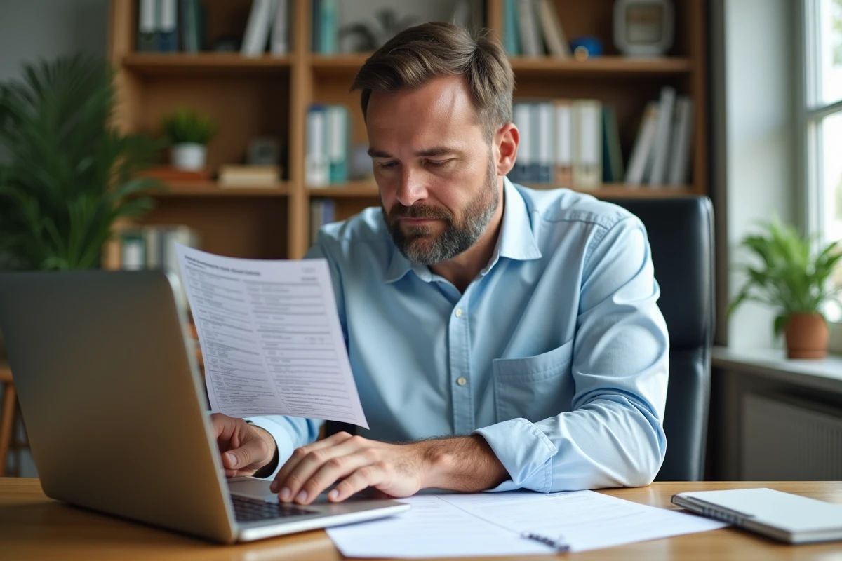 Homme consultant un calendrier de préavis de résiliation d'assurance sur ordinateur portable dans un bureau à domicile