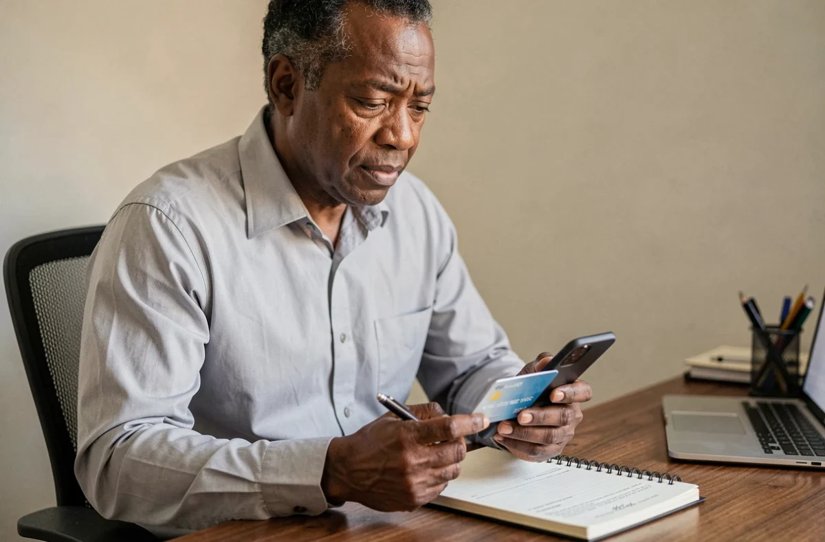 Homme d'âge mûr utilisant Western Union sur mobile avec une carte bancaire pour un virement international