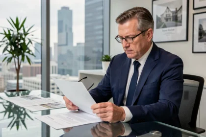Investisseur en costume analysant des documents de SCPI dans un bureau contemporain avec vue sur la ville