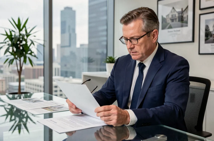 Investisseur en costume analysant des documents de SCPI dans un bureau contemporain avec vue sur la ville