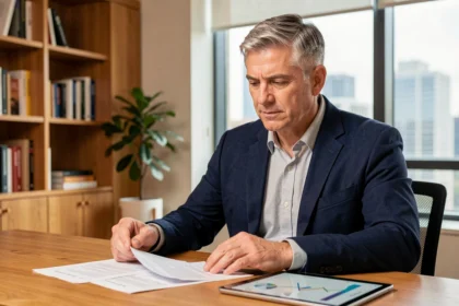Un investisseur en SCPI analysant des documents financiers et des graphiques immobiliers dans un bureau à domicile moderne