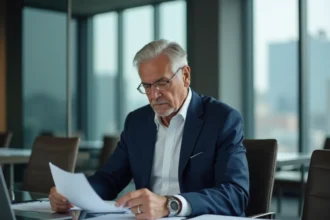 Jean-Pierre Papin reconverti en consultant financier dans un bureau moderne, portrait éditorial