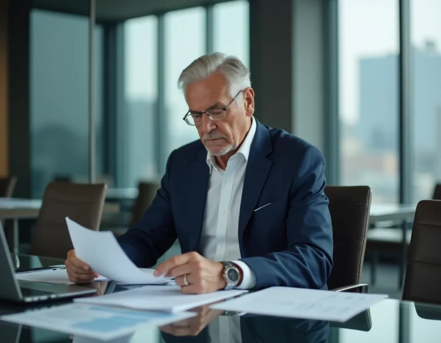 Jean-Pierre Papin reconverti en consultant financier dans un bureau moderne, portrait éditorial