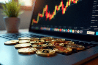 Jetons en or et argent sur clavier d'ordinateur avec graphique financier