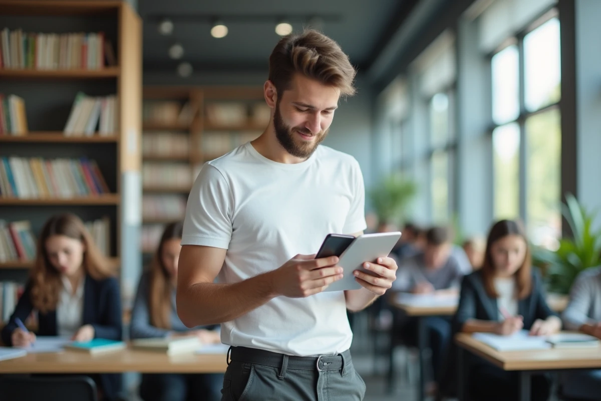 Jeune actif consultant une demande d'aide au logement APL sur son smartphone dans un espace de travail moderne