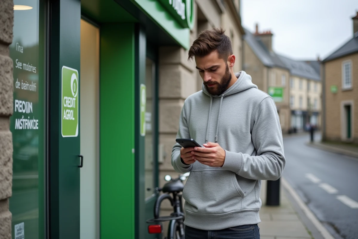 Jeune homme consultant son smartphone devant une agence Crédit Agricole Morbihan en centre-ville breton