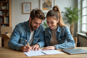 Jeune couple signant des papiers d'achat immobilier