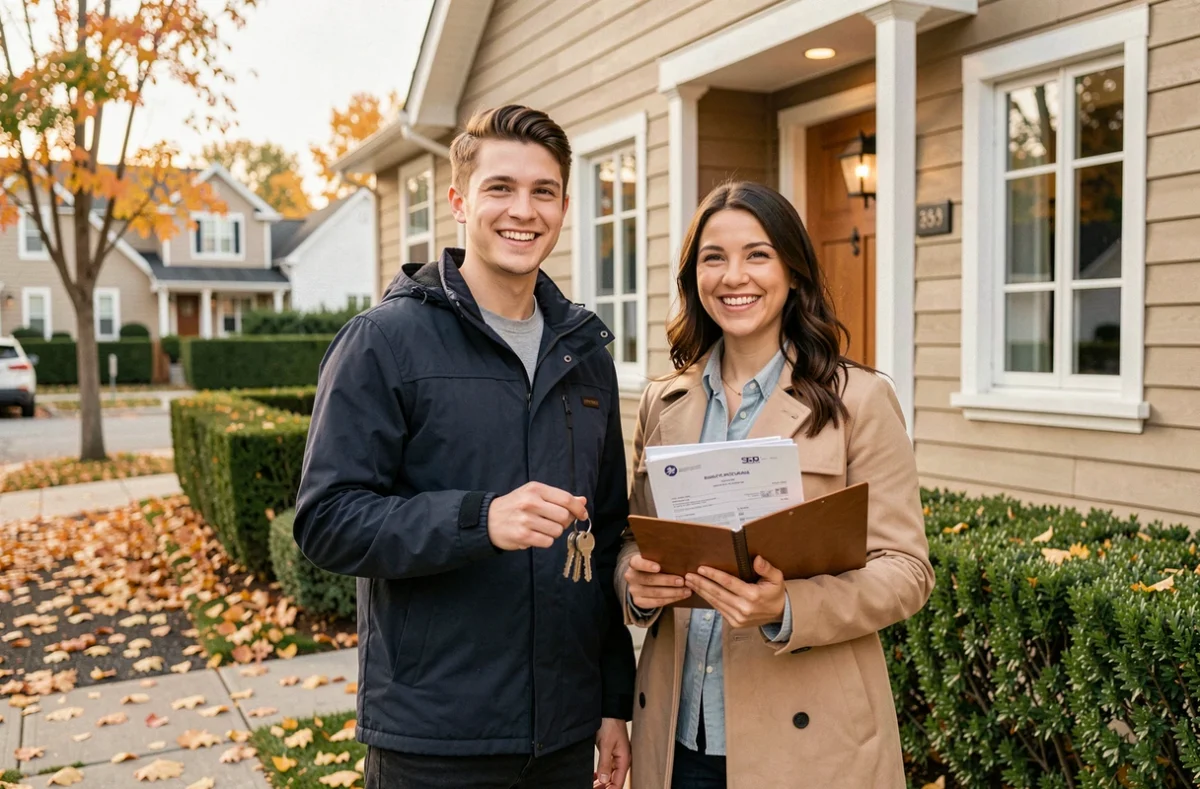 Jeune couple devant leur maison tenant les clés et des documents d'assurance de prêt immobilier