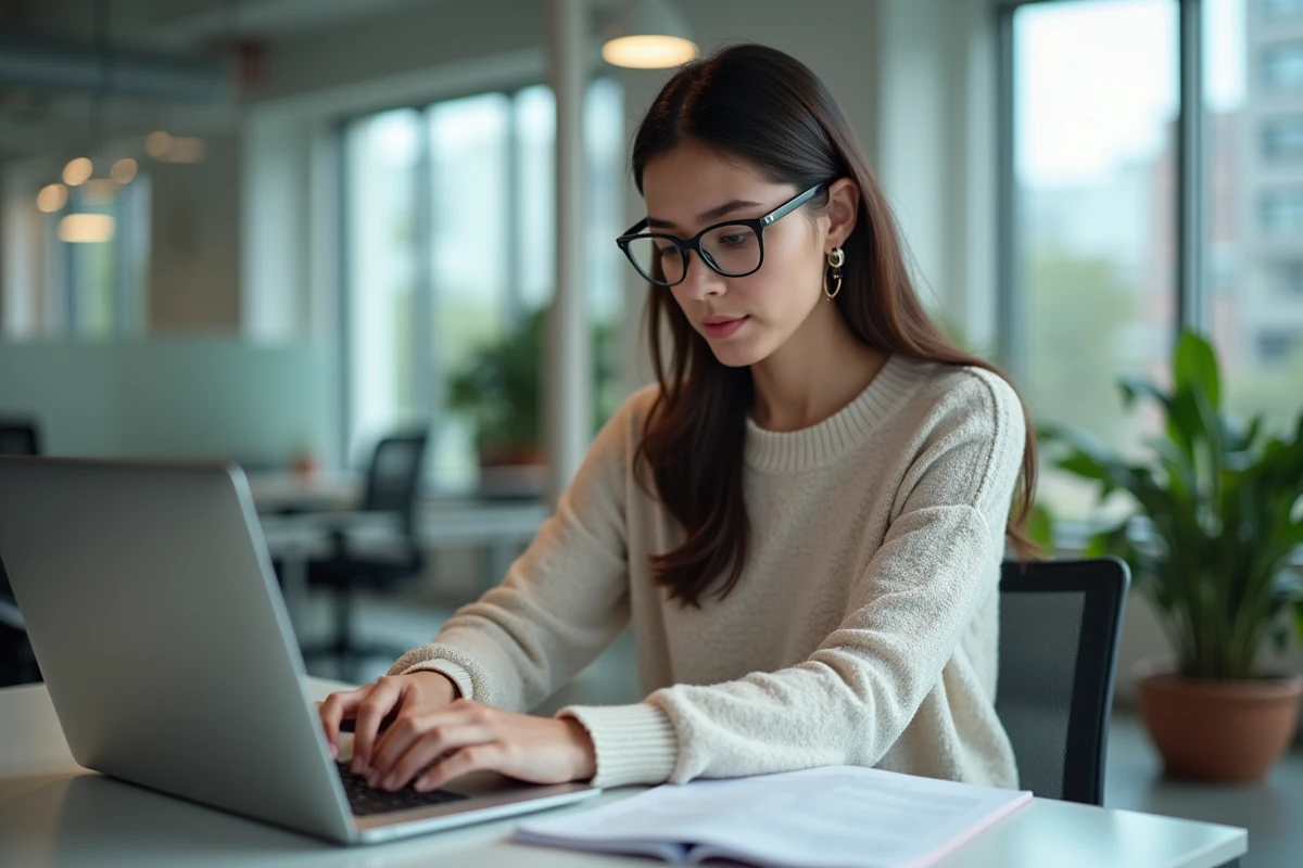 Jeune femme au bureau regardant son ordinateur portable