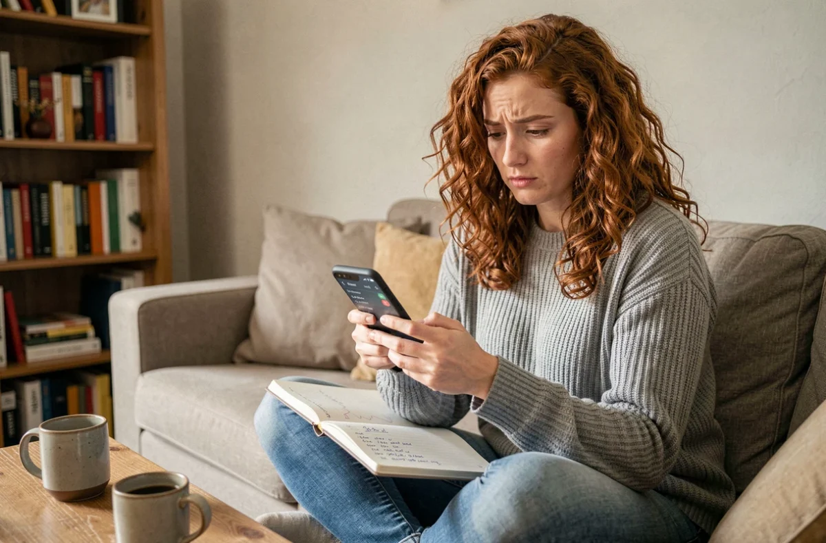 Jeune femme consultant une plateforme d'investissement en ligne sur son smartphone depuis chez elle
