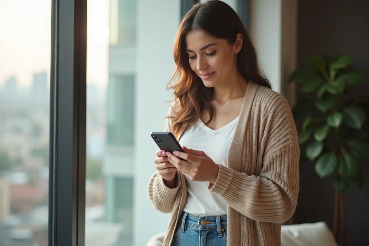 Jeune femme consultant son smartphone pour contacter le service client ECA Assurance