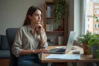 Jeune femme pensant devant son ordinateur dans un appartement