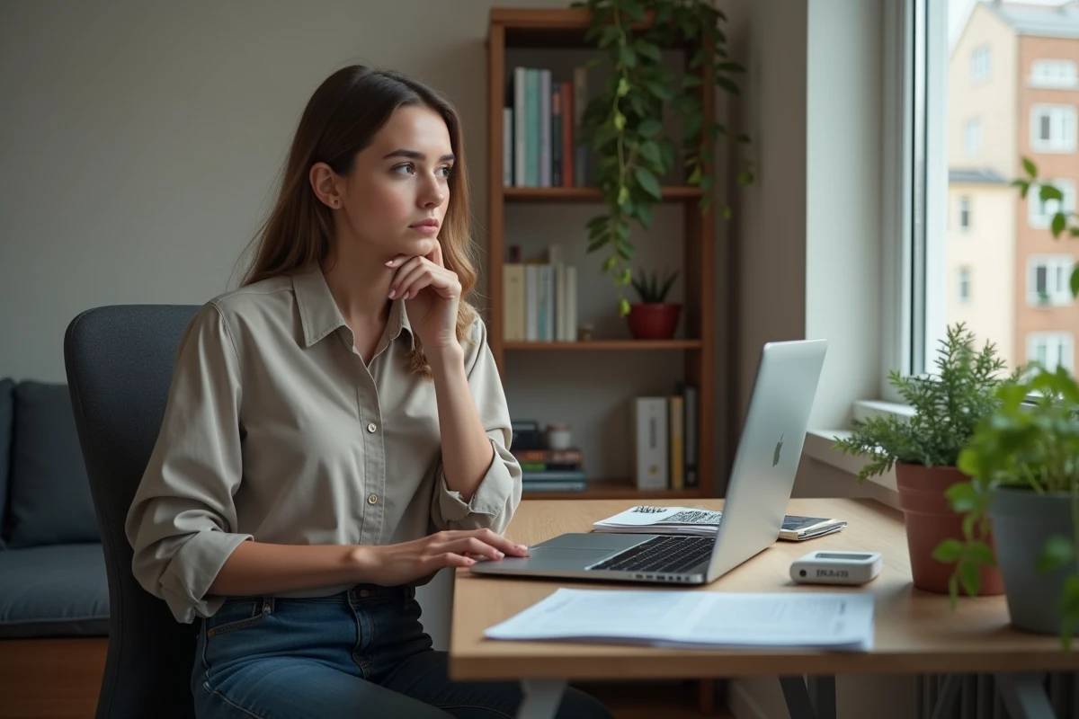 Jeune femme pensant devant son ordinateur dans un appartement