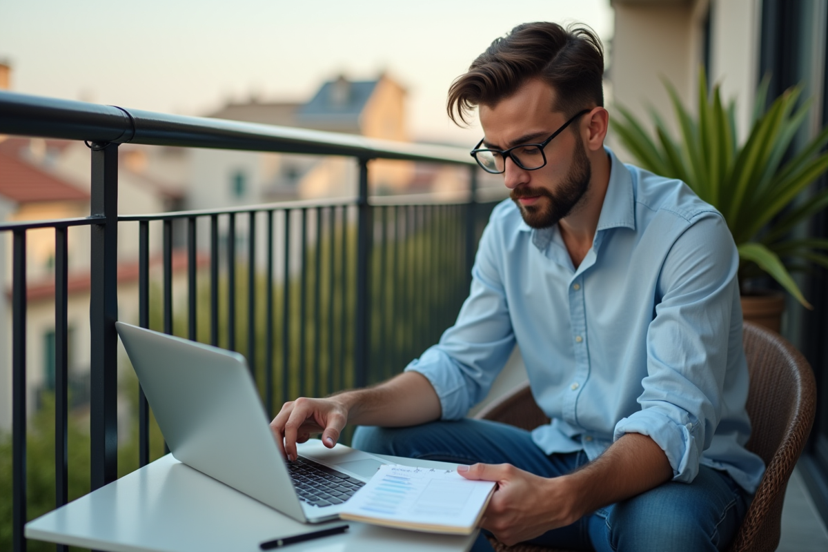 Jeune homme freelance avec cartes sociales sur balcon