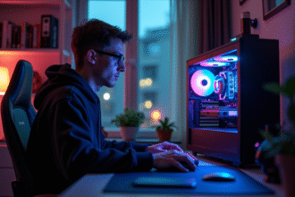 Jeune homme concentré devant son PC gaming pour miner des cryptomonnaies