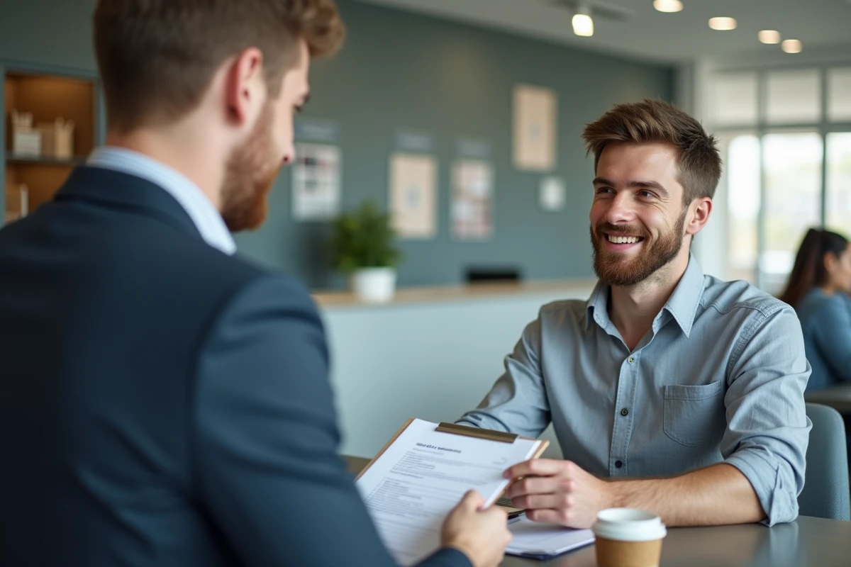 Jeune homme remettant document à un agent dans un bureau public