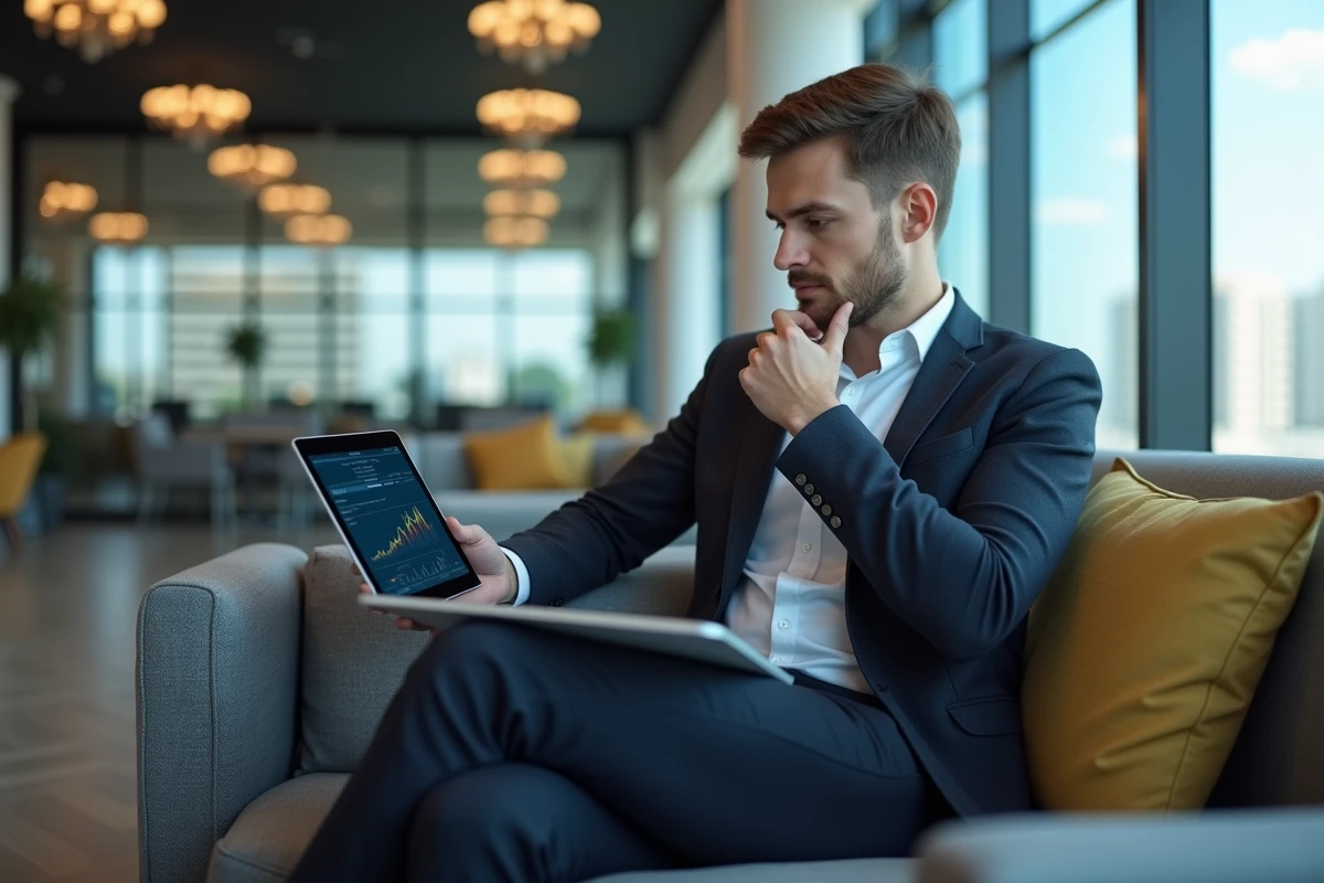 Jeune homme analysant un graphique financier sur une tablette
