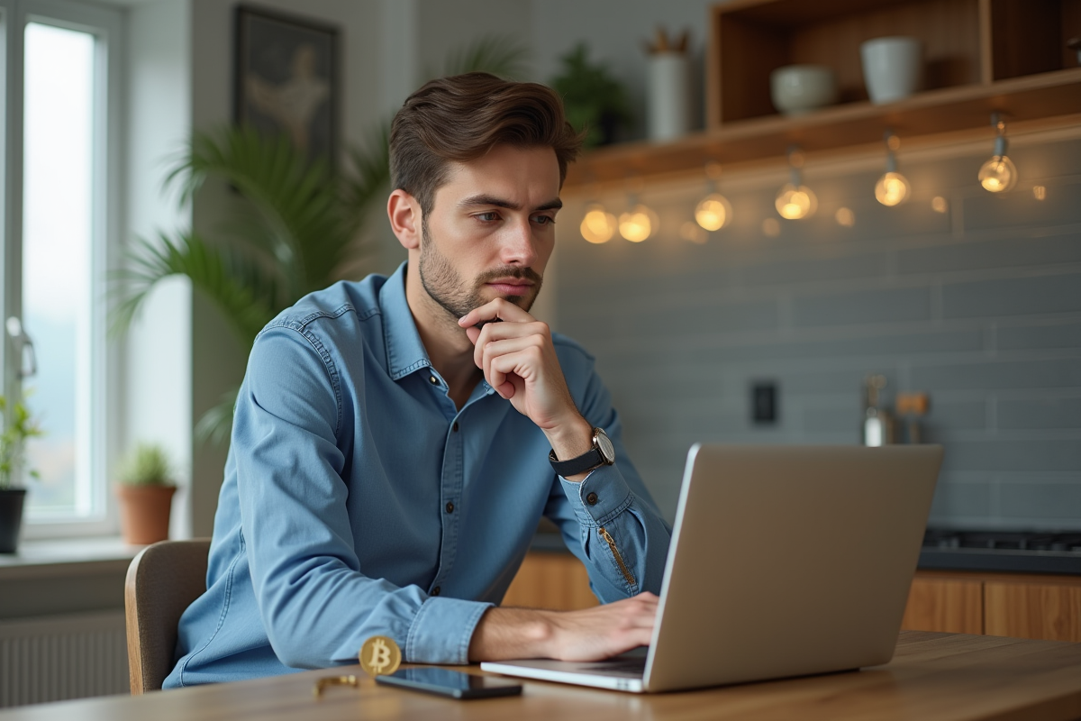 Jeune homme au laptop avec Bitcoin dans une cuisine moderne