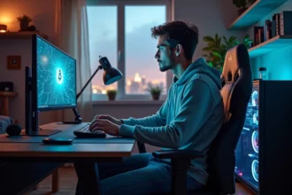 Jeune homme concentré devant son PC de minage Bitcoin