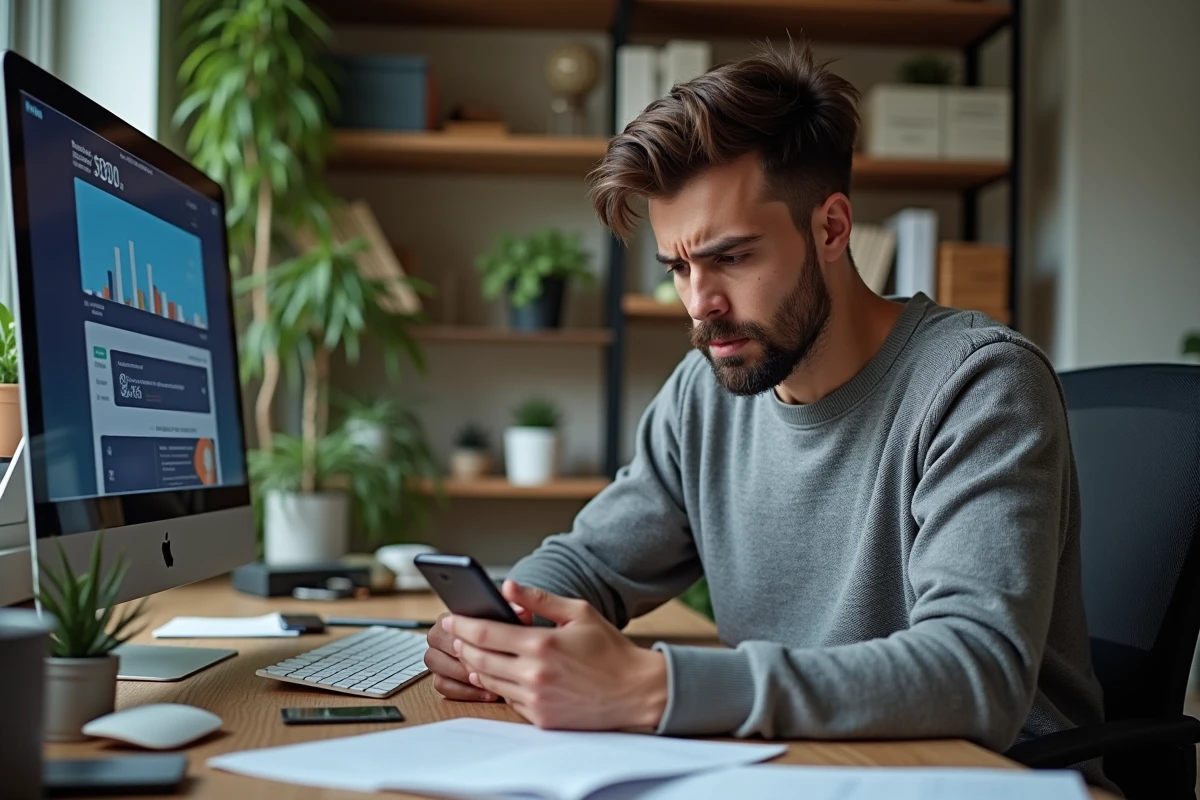 Jeune homme vérifiant une alerte bancaire sur son smartphone
