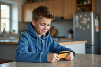 Adolescent souriant avec sa carte de paiement dans une cuisine moderne