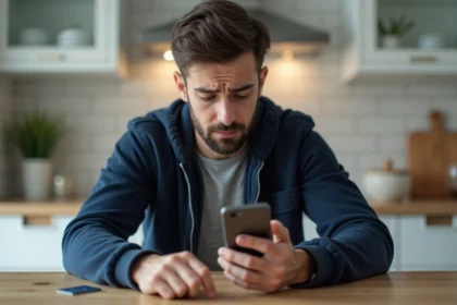 Jeune homme inquiet avec smartphone et carte bancaire