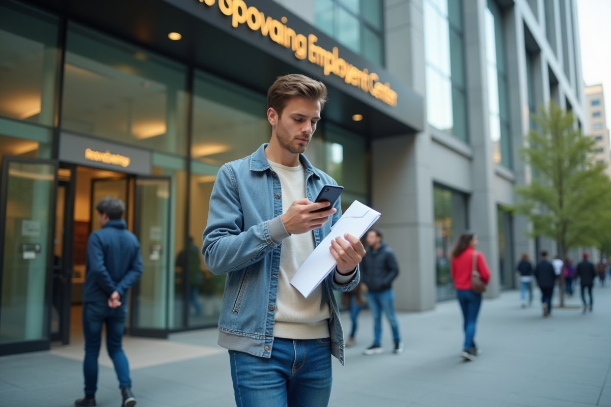 Jeune homme vérifiant son smartphone devant un centre d