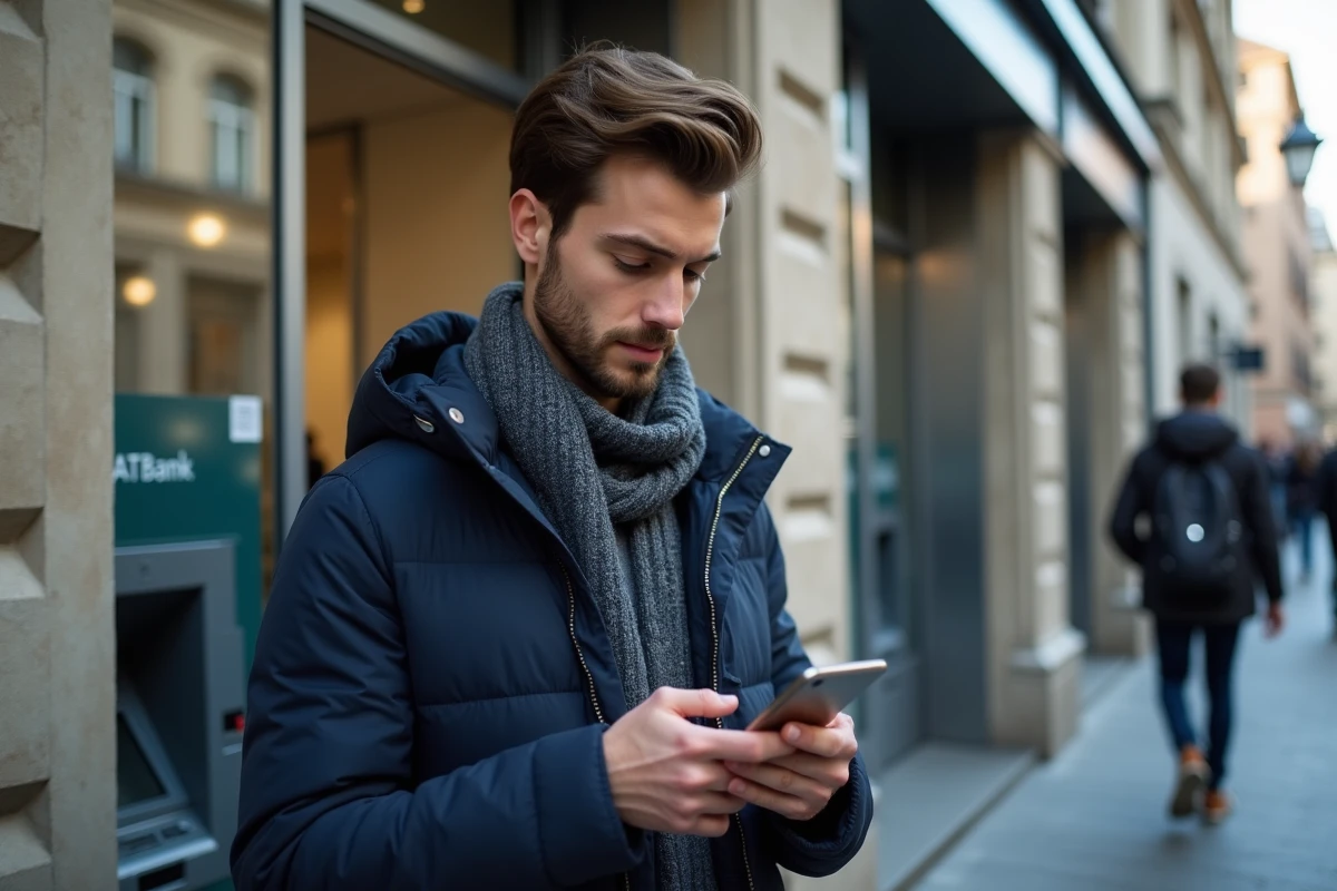 Jeune homme français effectuant une transaction bancaire dehors