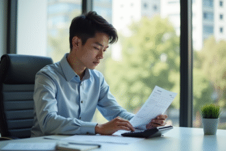 Jeune professionnel examinant une fiche de paie dans un bureau lumineux