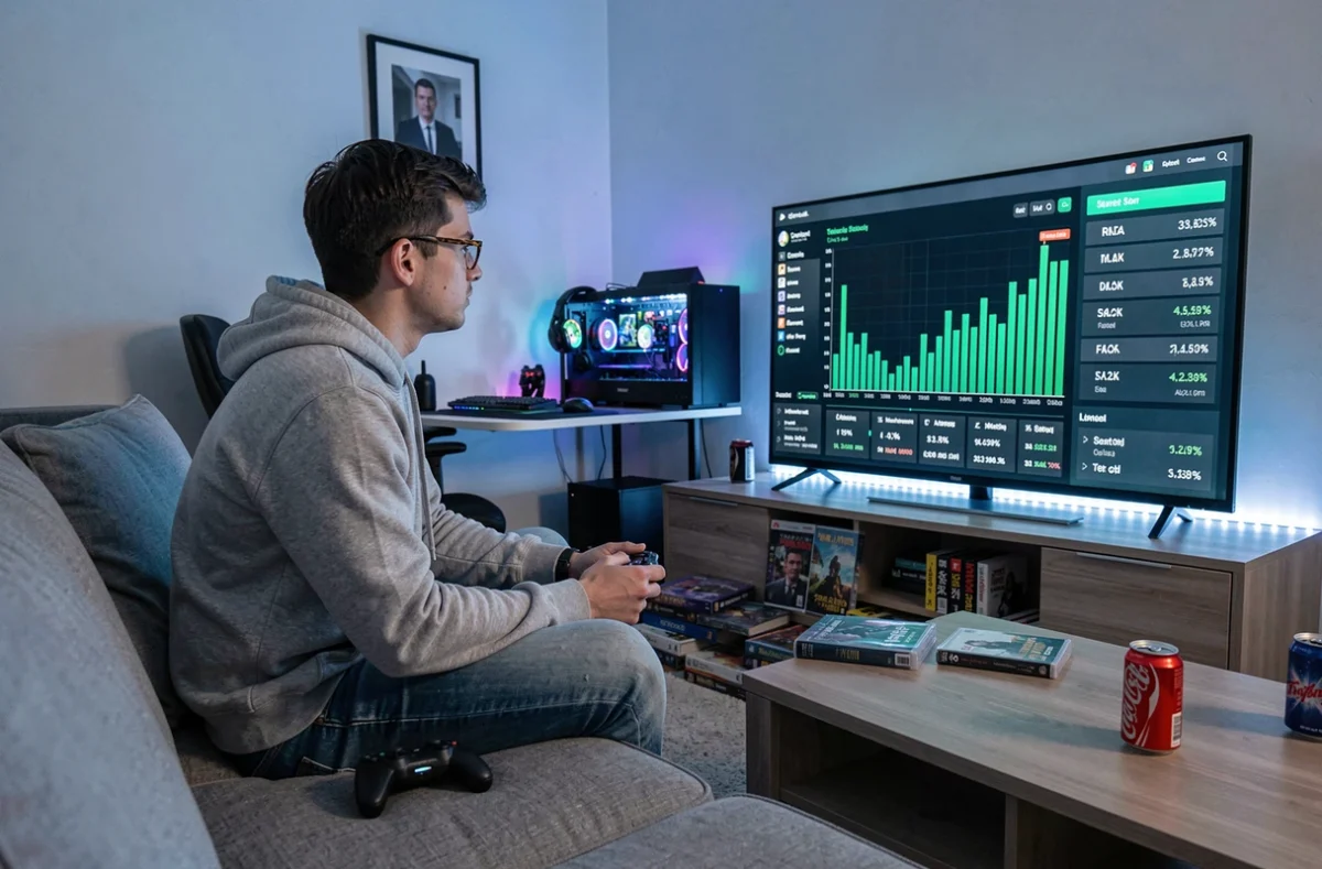 Joueur de GTA 5 consultant l'interface de la bourse de Lester sur une télévision dans un salon de joueur